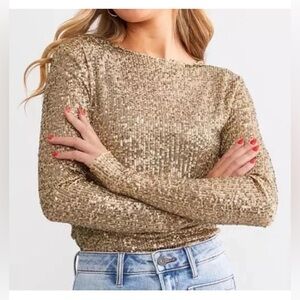 FREE PEOPLE Intimately Gold Rush Long Sleeve Sequin Glam Maximalist Women Small